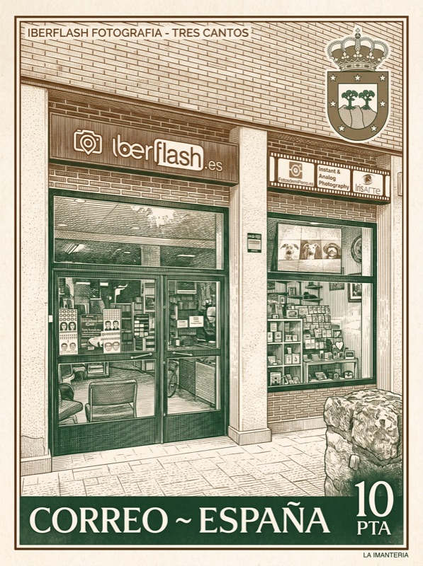 Imán con el escaparate de Iberflash Fotografía de Tres Cantos dibujado como un sello de correo antiguo