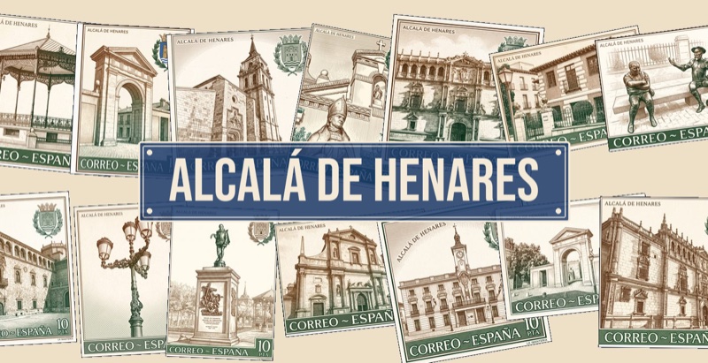 Colección de imanes de Alcalá de Henares: sellos con la Universidad, la catedral magistral, la puerta de Madrid y el monumento a Cervantes