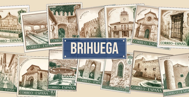 Colección de imanes de Brihuega: sellos con la muralla, la puerta de la Cadena, el lavadero, la plaza de toros y las iglesias
