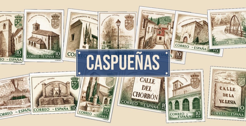 Colección de imanes de Caspueñas: sellos con la iglesia de la Inmaculada Concepción, la Fuente del Arquillo, el puente del río Ungría y las calles del pueblo