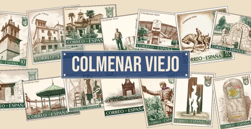 Colección de imanes de Colmenar Viejo: sellos con la basílica, la plaza de toros, el templete y el camino de Santiago