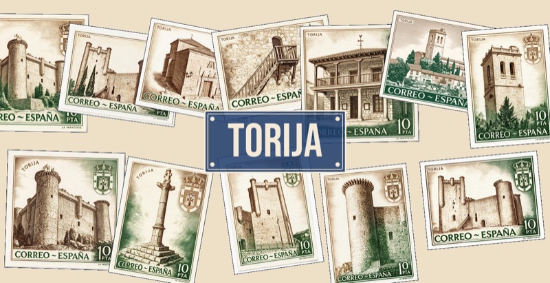 Colección de imanes de Torija: sellos con el castillo desde varios ángulos, la iglesia, el rollo y las casas de piedra
