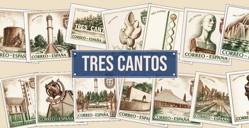 Colección de imanes de Tres Cantos: catorce sellos con la torre del agua, las esculturas y los edificios del pueblo